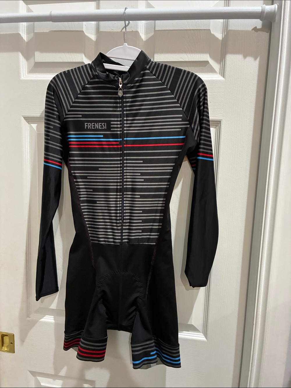 PRISM Black Long-Sleeve Cycling Suit with Red & Blue Stripes